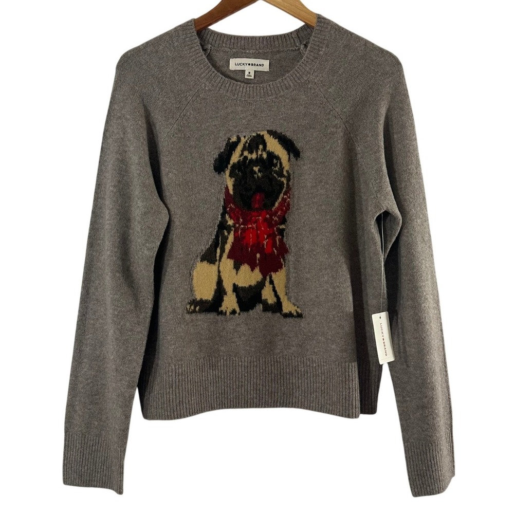 Lucky Brand Womens Gray Pug Dog Scarf Intarsia Knit Raglan Sweater Size M NEW